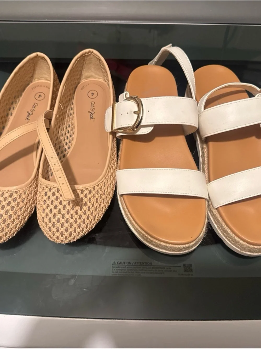 White Leather Buckle Sandals  and brown flats